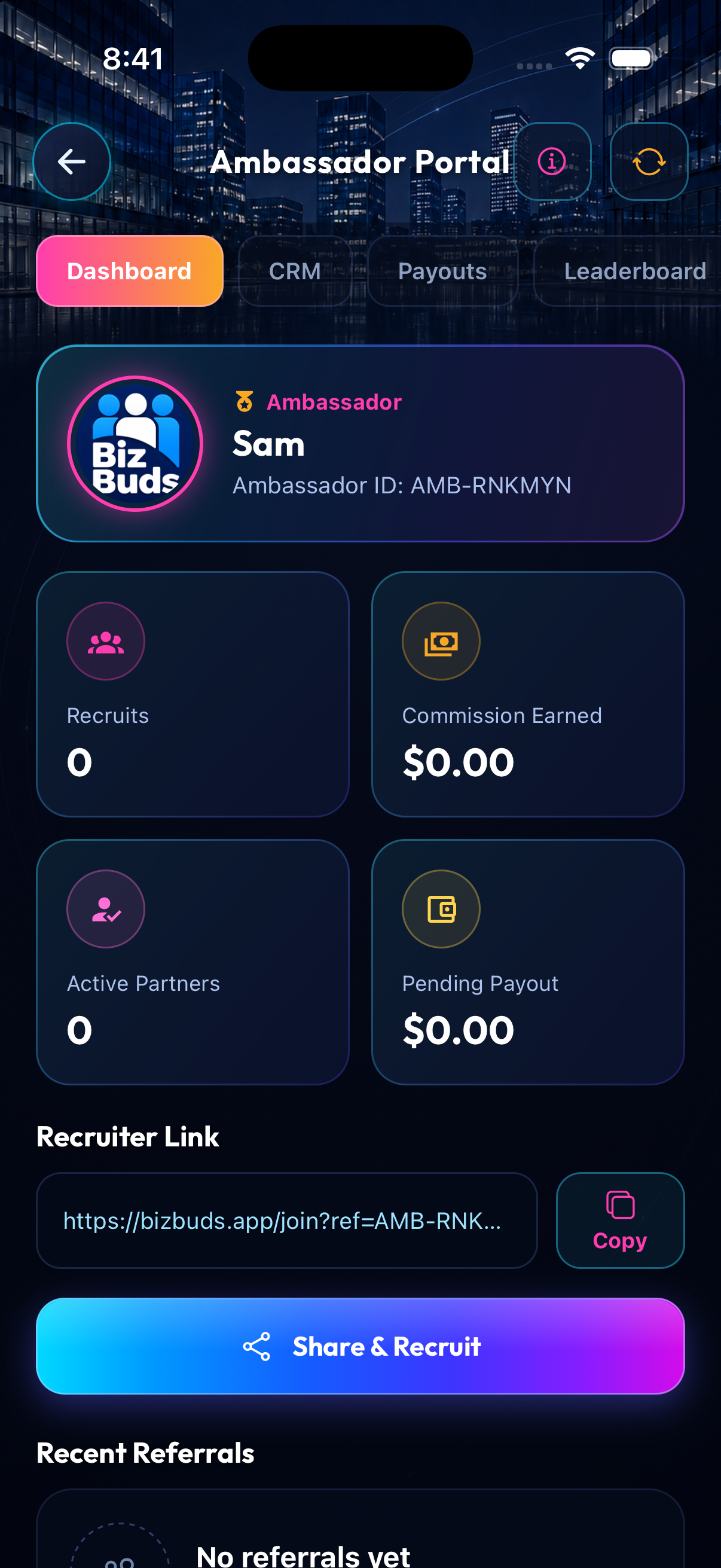 The Biz Buds Ambassador Portal, showing the recruiter link and commission tracking