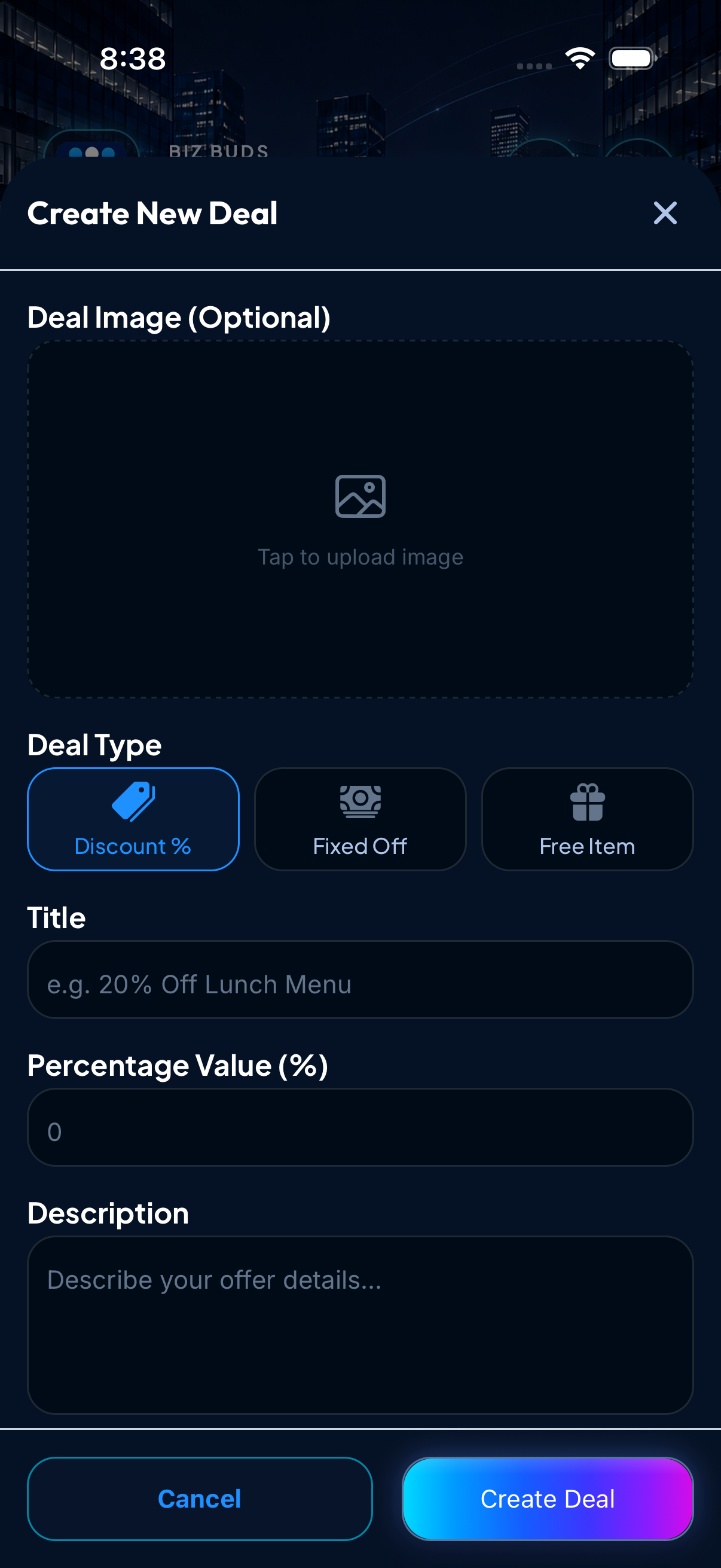Creating a new offer in the Biz Buds business app