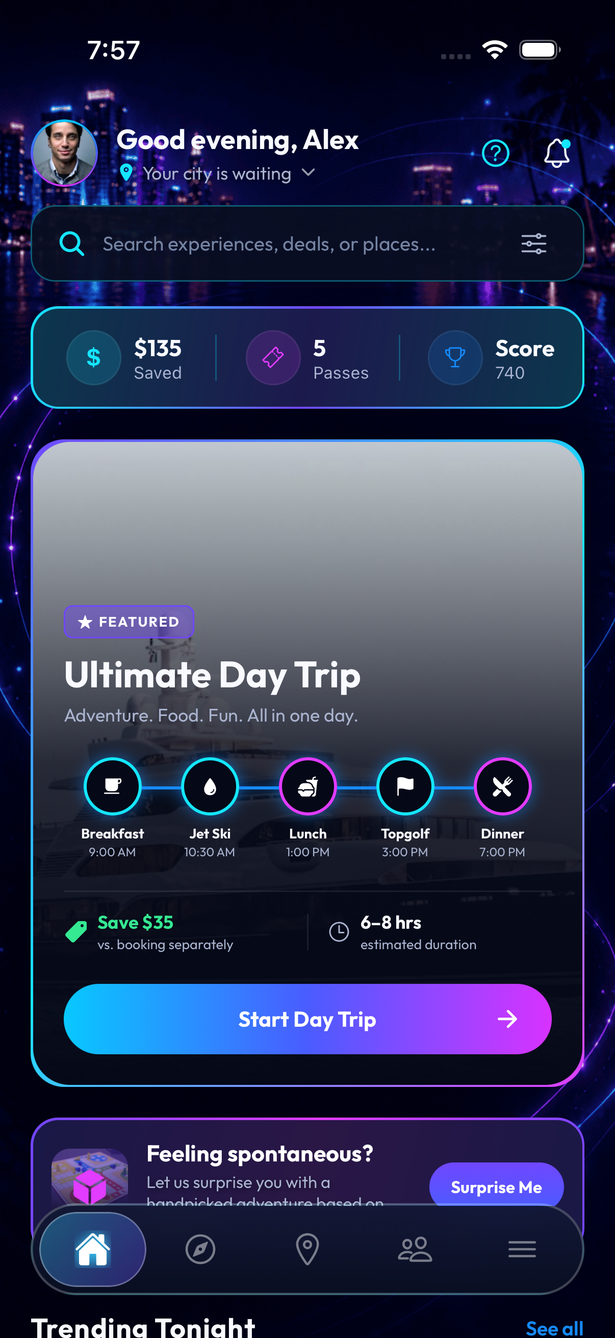 Biz Buds home on iPhone, showing savings, passes and a featured day trip
